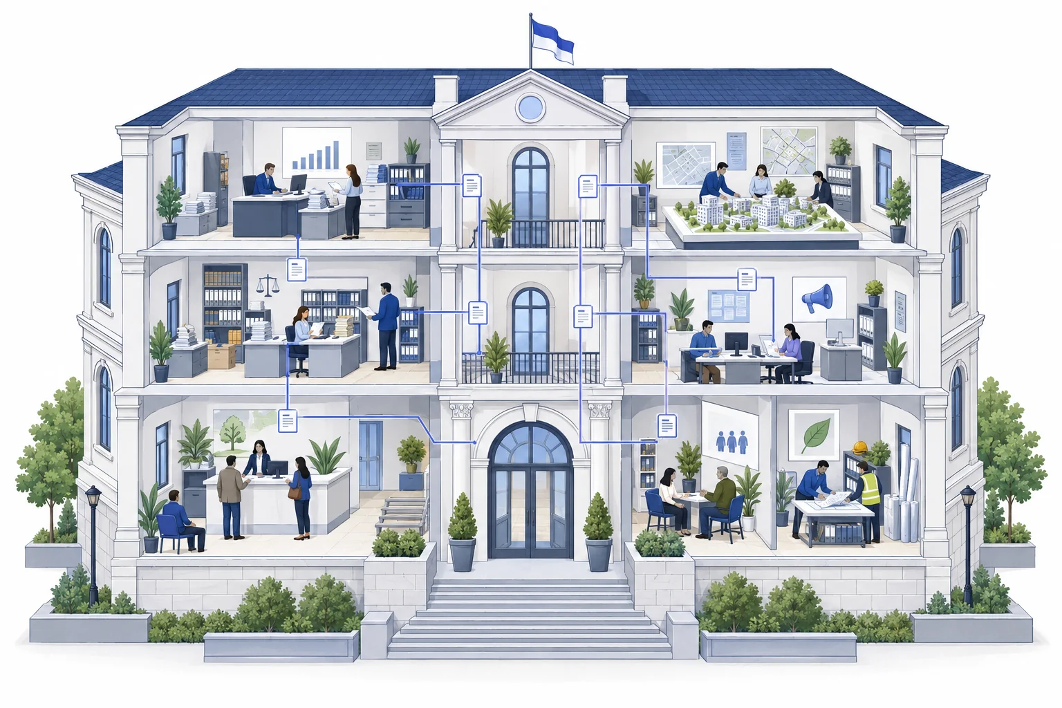 Ilustración de equipos compartiendo información entre oficinas municipales.