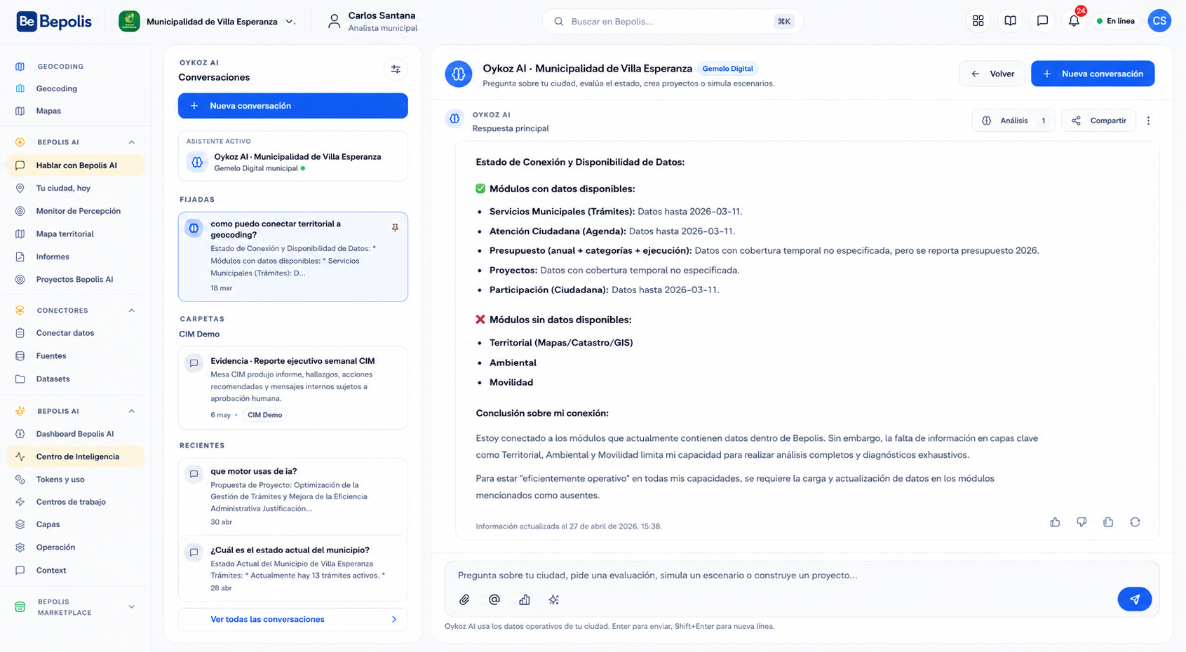 Asistente Brain municipal con conversación y sugerencias